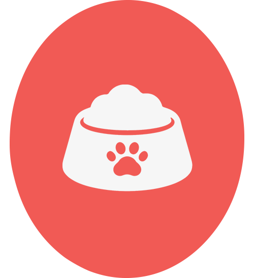 Moldura em vermelho retirada do ícone do abrigo com um ícone de pote de comida de cachorro branco dentro.